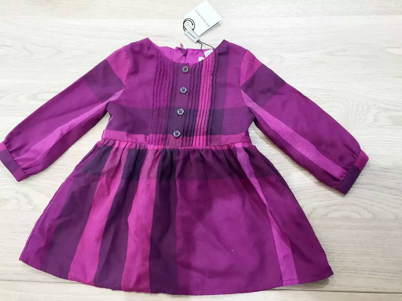 Baby Girls Dark Pink Check Cotton Dress With Button