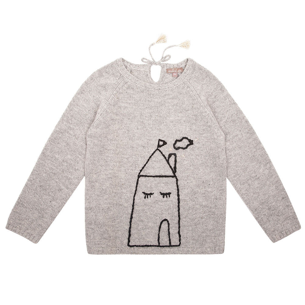 Girls Grey Hand-painted Printed Knitted Wool Sweater