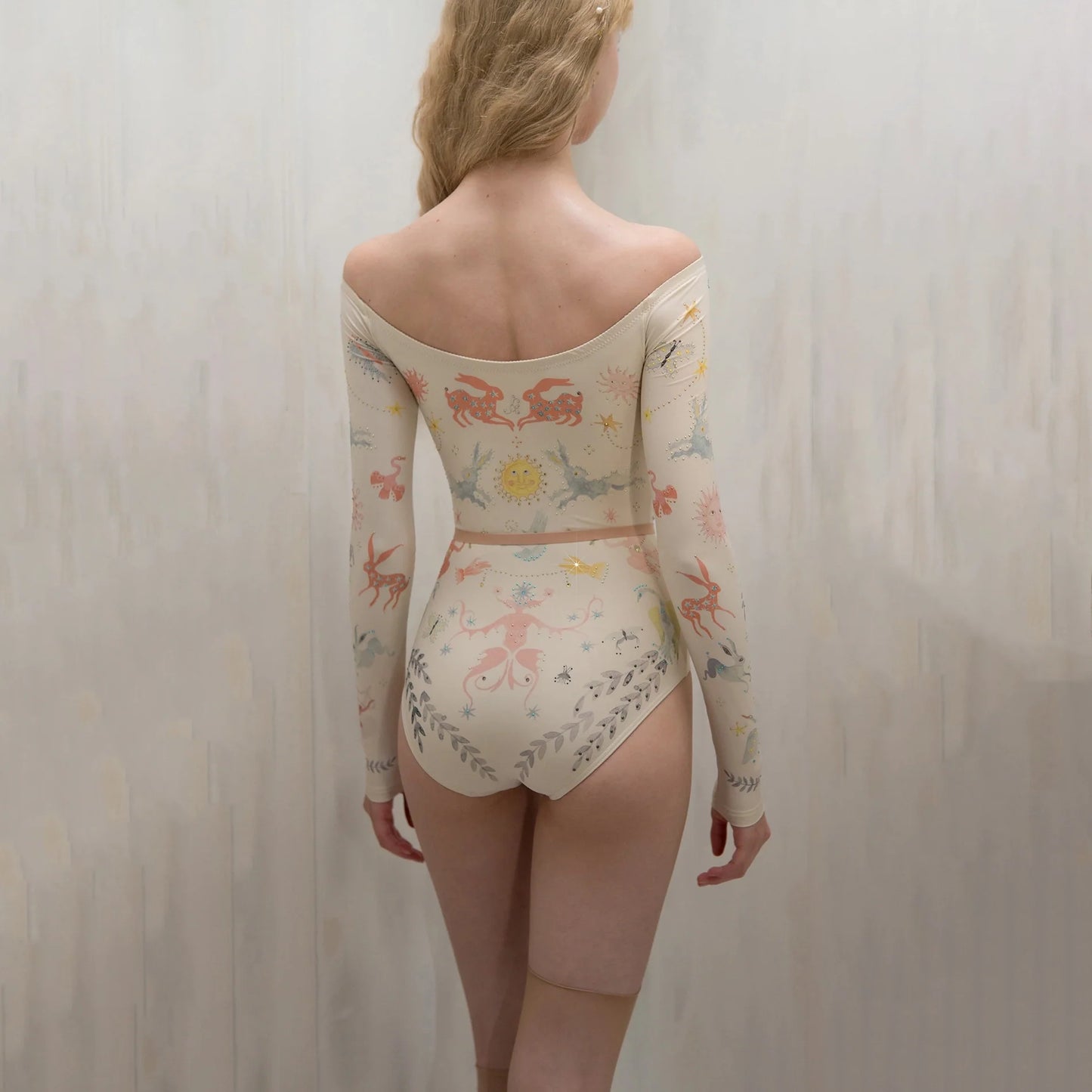 女士白色印花"SOLARIS"长袖芭蕾舞连体衣(181LE20VL/edelweiss)
