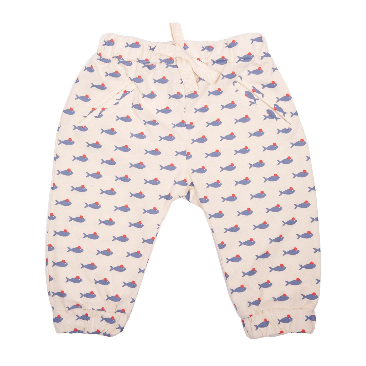 Baby White Fish Printed Cotton Trousers With Elastic Cuffs
