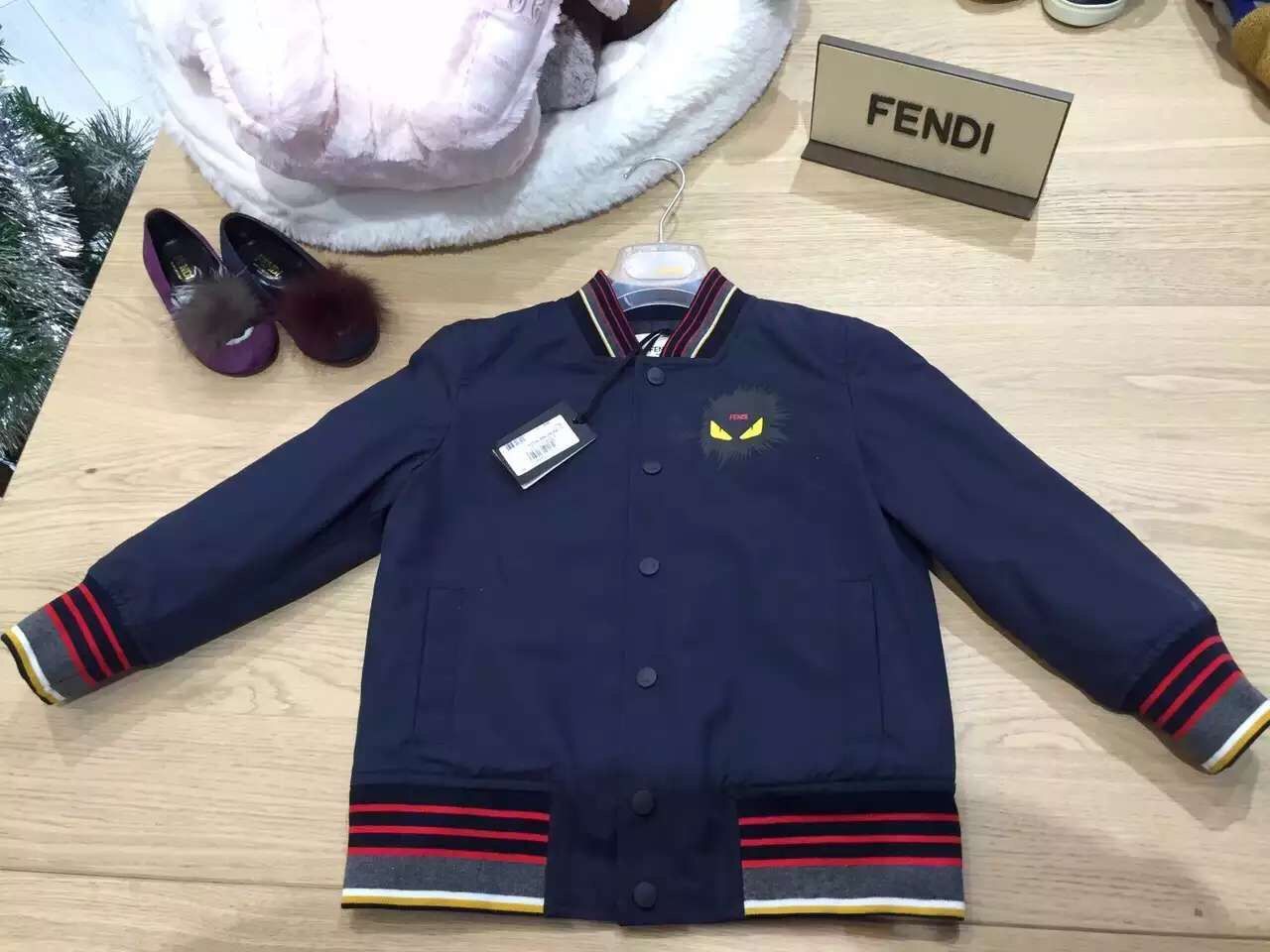 Boys Navy Blue Monster Multicolors Striped Collar Varsity Jacket
