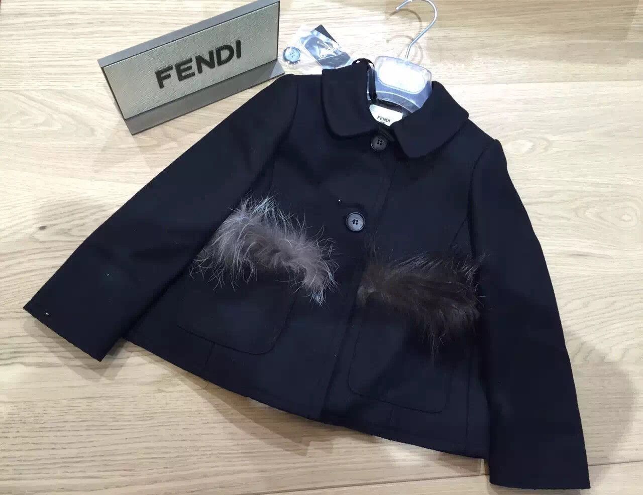 Girls Black Wool&Cashmere Jacket With Fur Trims
