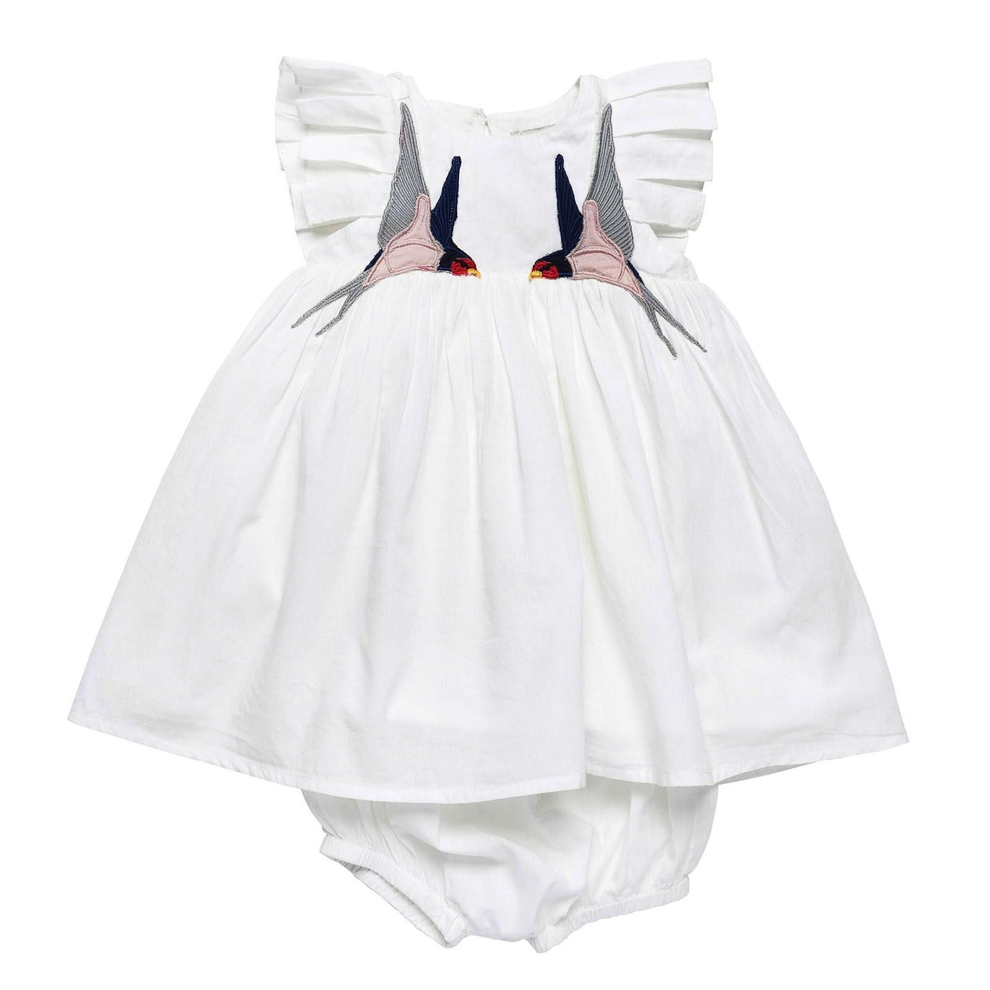 Baby Girls White Cotton Bird Embroidered Trims Dress With Bloomres