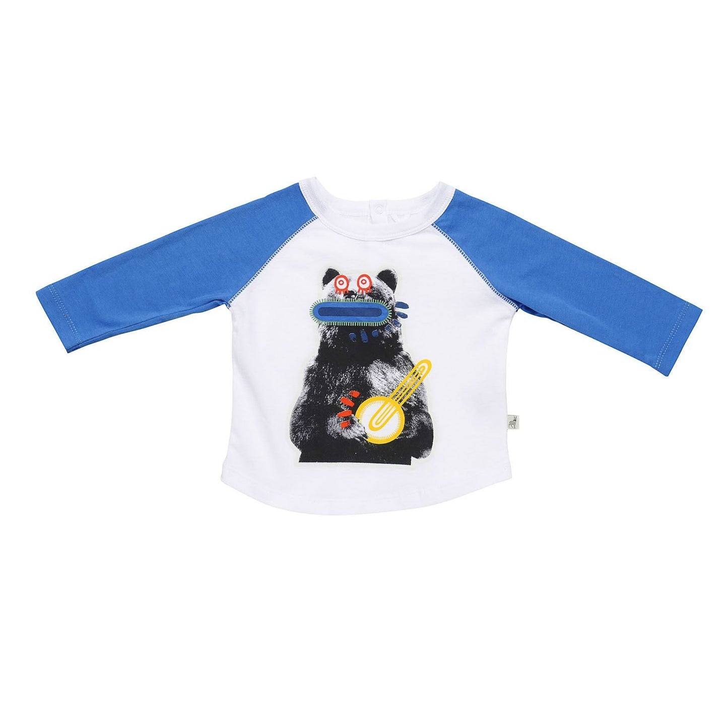 Baby Girls White Zig Zag Bear Printed Cotton T-Shirt With Blue Cuffs