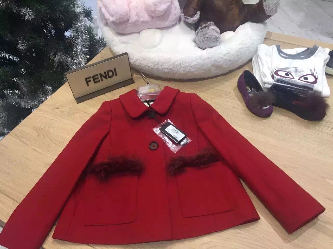 Girls Red Wool&Cashmere Jacket With Fur Trims