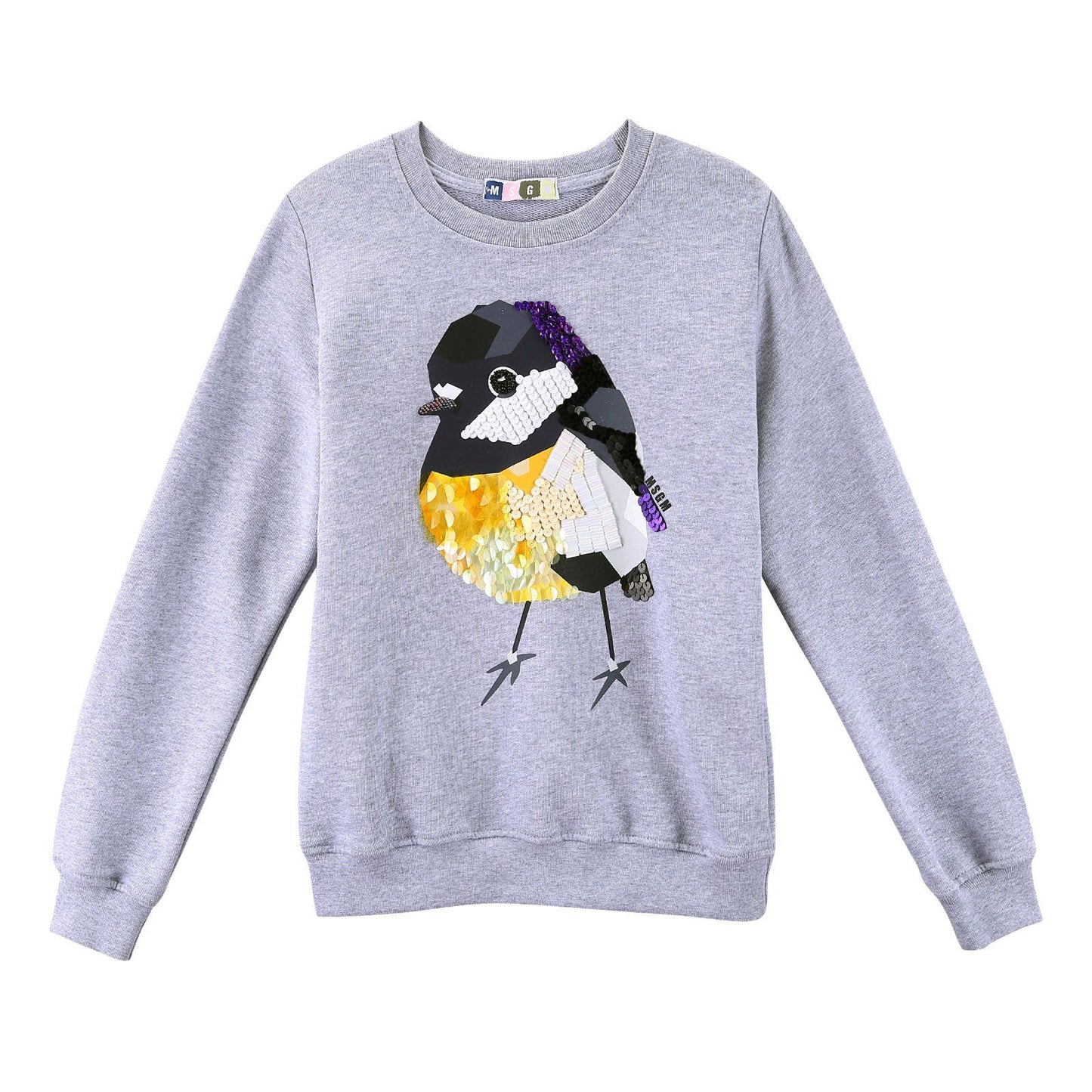 Girls Grey Cotton Sweater With Multicolor Chick Print&Patch Trims