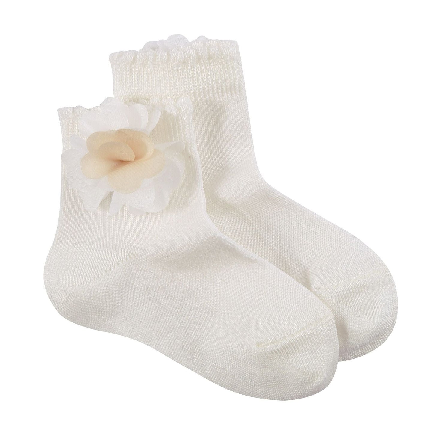 Girls Milk White Cotton Short Socks With Patch Flower Trims