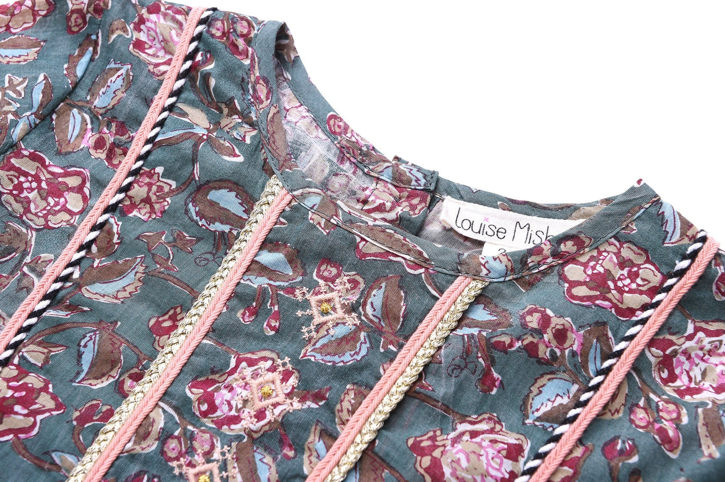 Girls Green Flower Printed Trims Cotton 'Roshy' Dress