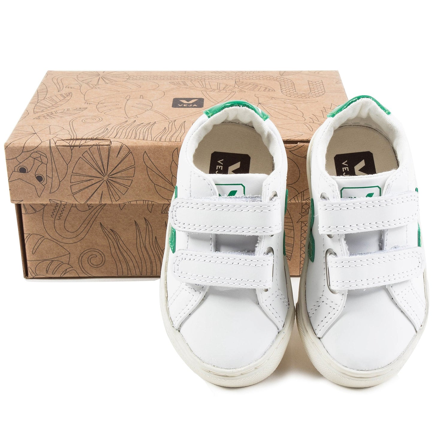 Baby White Leather Velcro With Green "V" Shoes