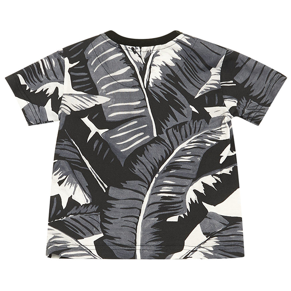 Baby Boys Black Cotton T-Shirt With Leaf Print Trims