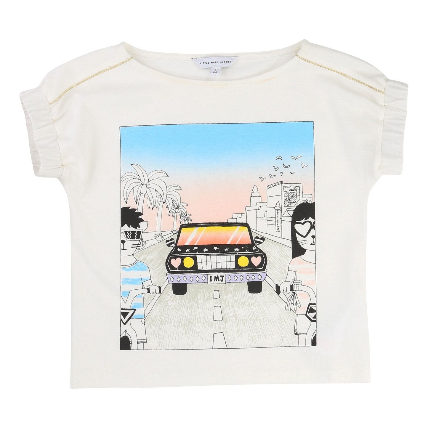 Girls Ivory Car Printed Trims T-Shirt