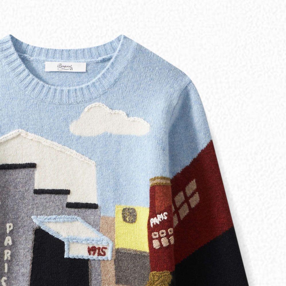 男童蓝色图案羊毛毛衣