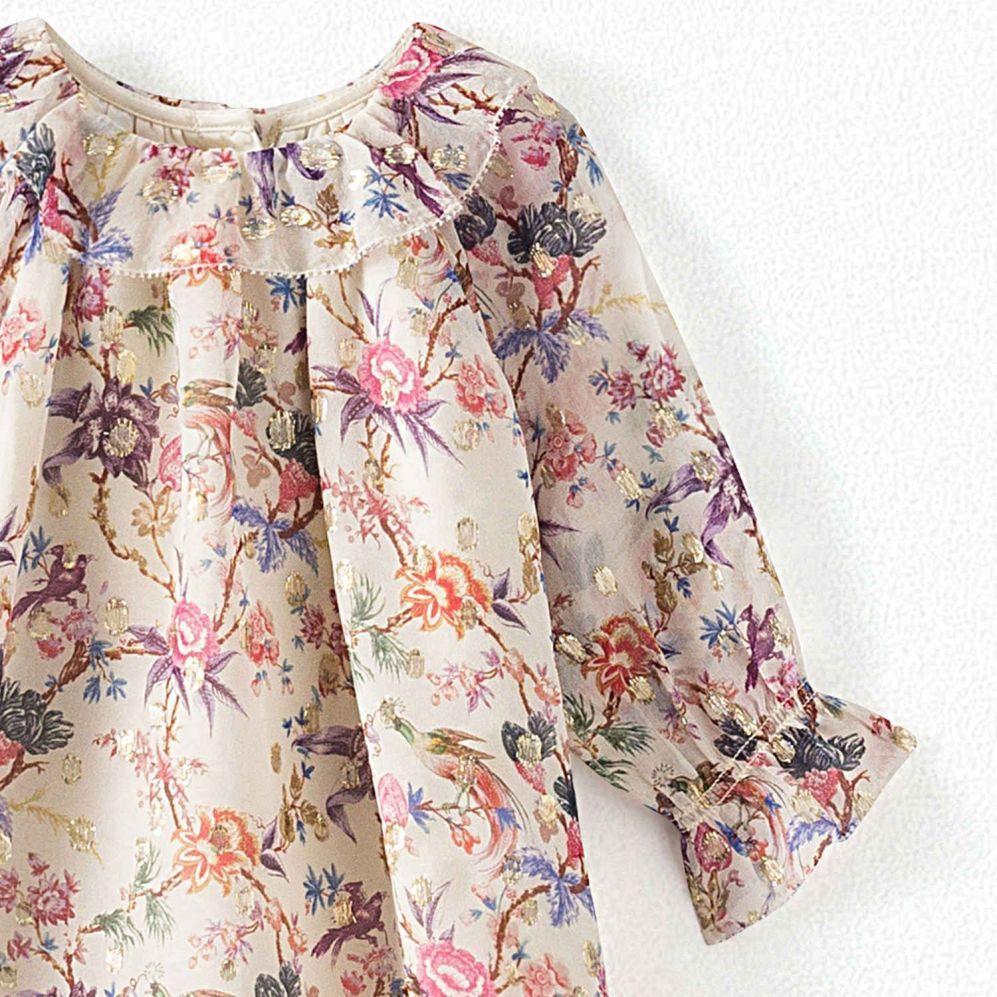 女婴米色花朵印花真丝连衣裙