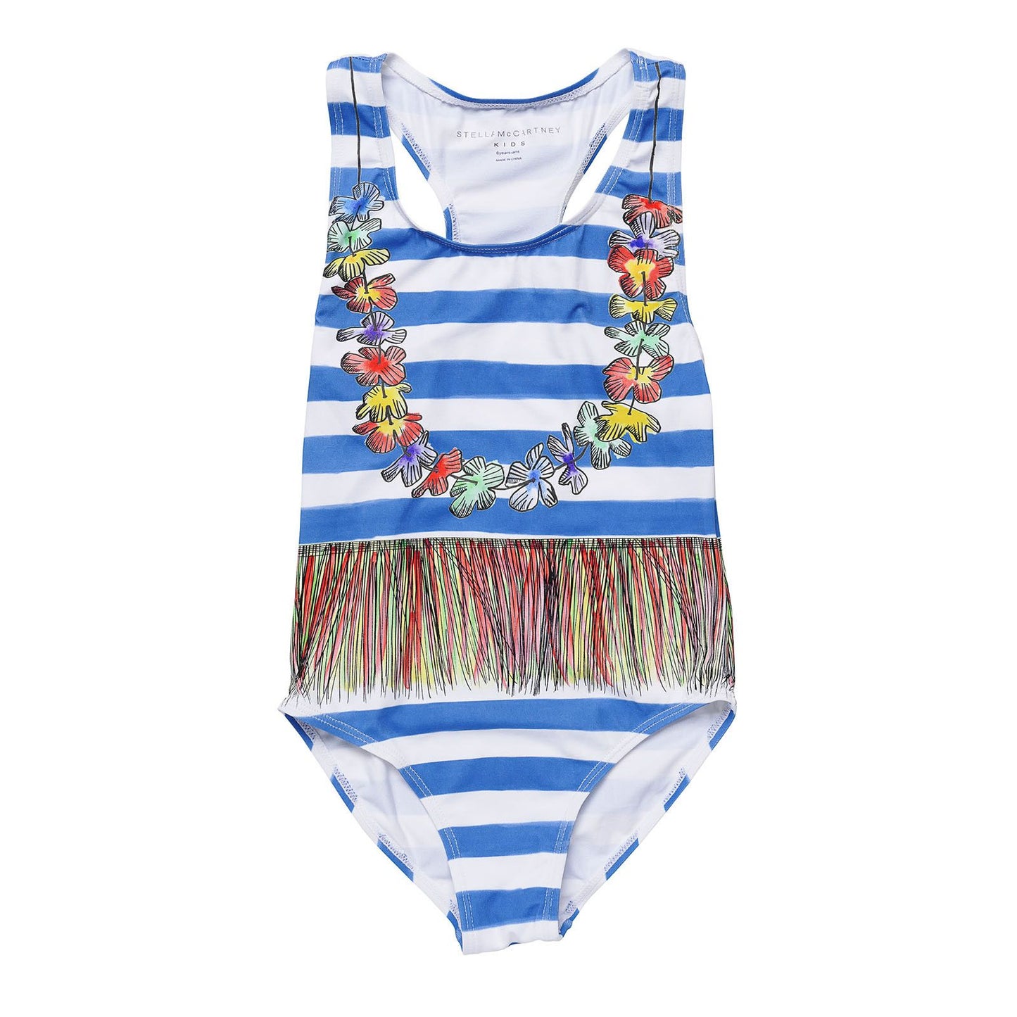 Girls Blue&White Striped Swimsuit With Floral Hula Print Trims