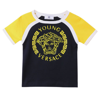 Boys Blue&Yellow Cotton T-Shirt With Medusa Print Logo