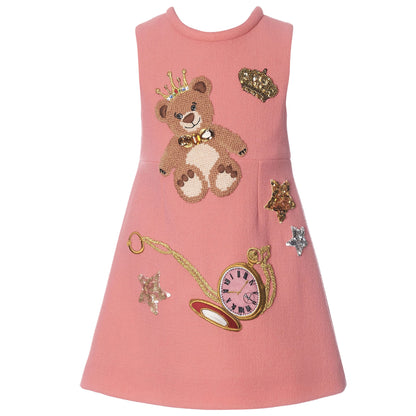 Girls Pink Fancy Printed Slim Wool Dress