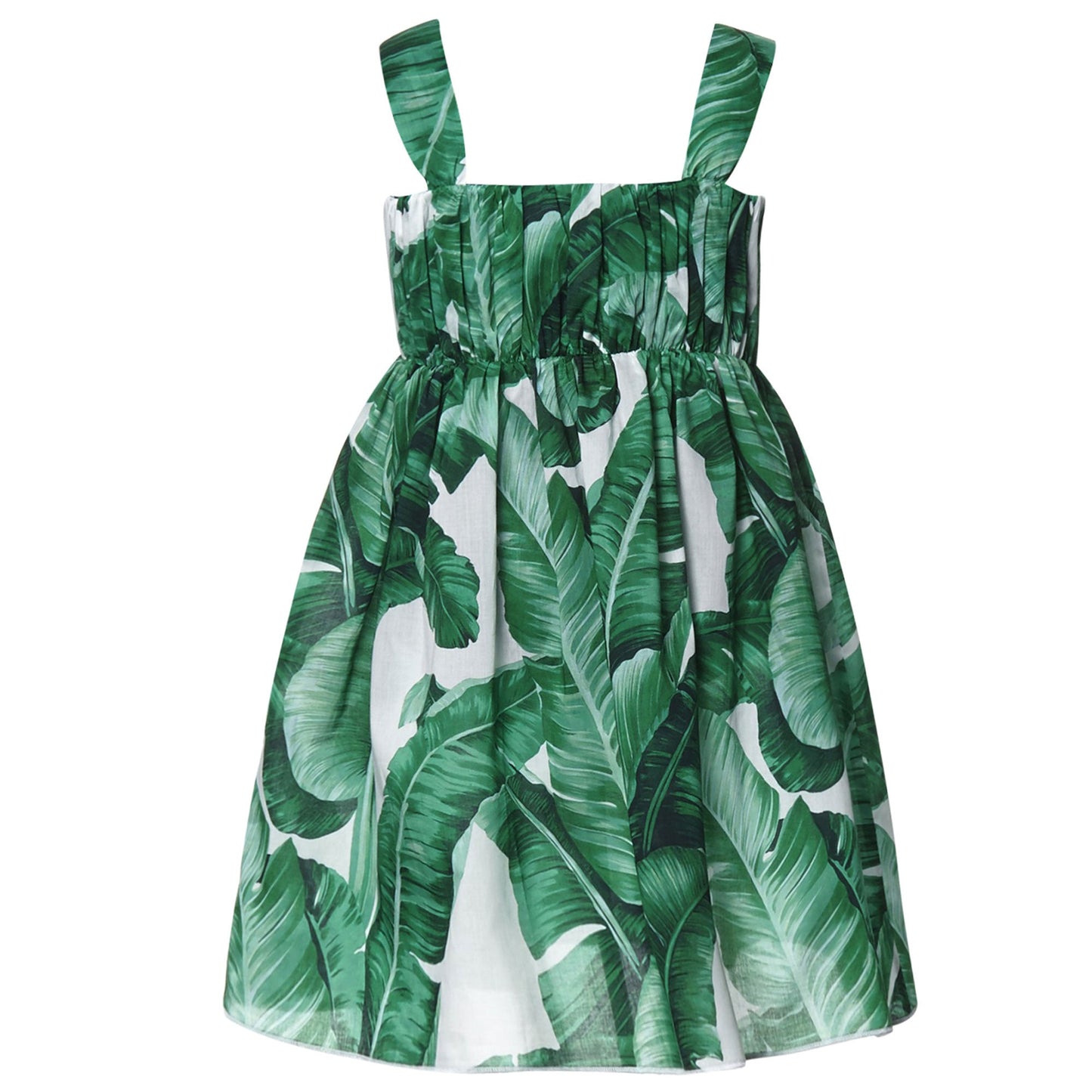Girls Green Leaf Printed Trims Sleeveless Corset Dress
