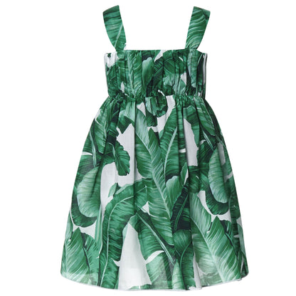 Girls Green Leaf Printed Trims Sleeveless Corset Dress