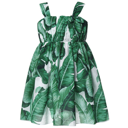 Girls Green Leaf Printed Trims Sleeveless Corset Dress