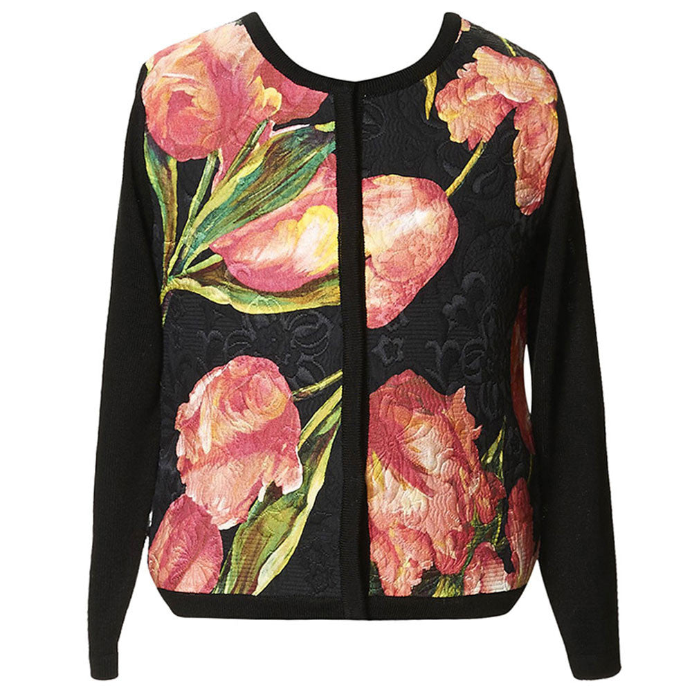 Girls Black Silk Cardigan With Pink Tulip Print