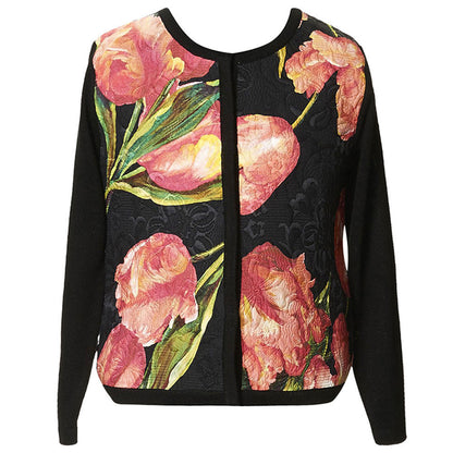 Girls Black Silk Cardigan With Pink Tulip Print