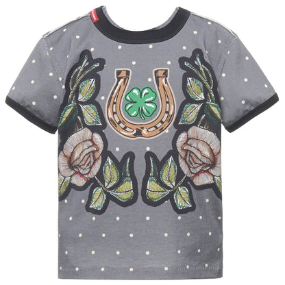 Boys Grey Peas Rose Printed Trims Cotton T-Shirt