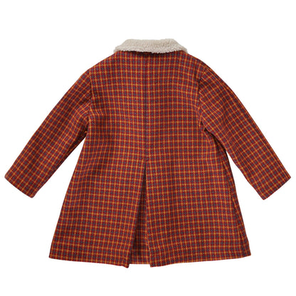 Girls Brown Fur Collar Wool Coat With Patch Pocke