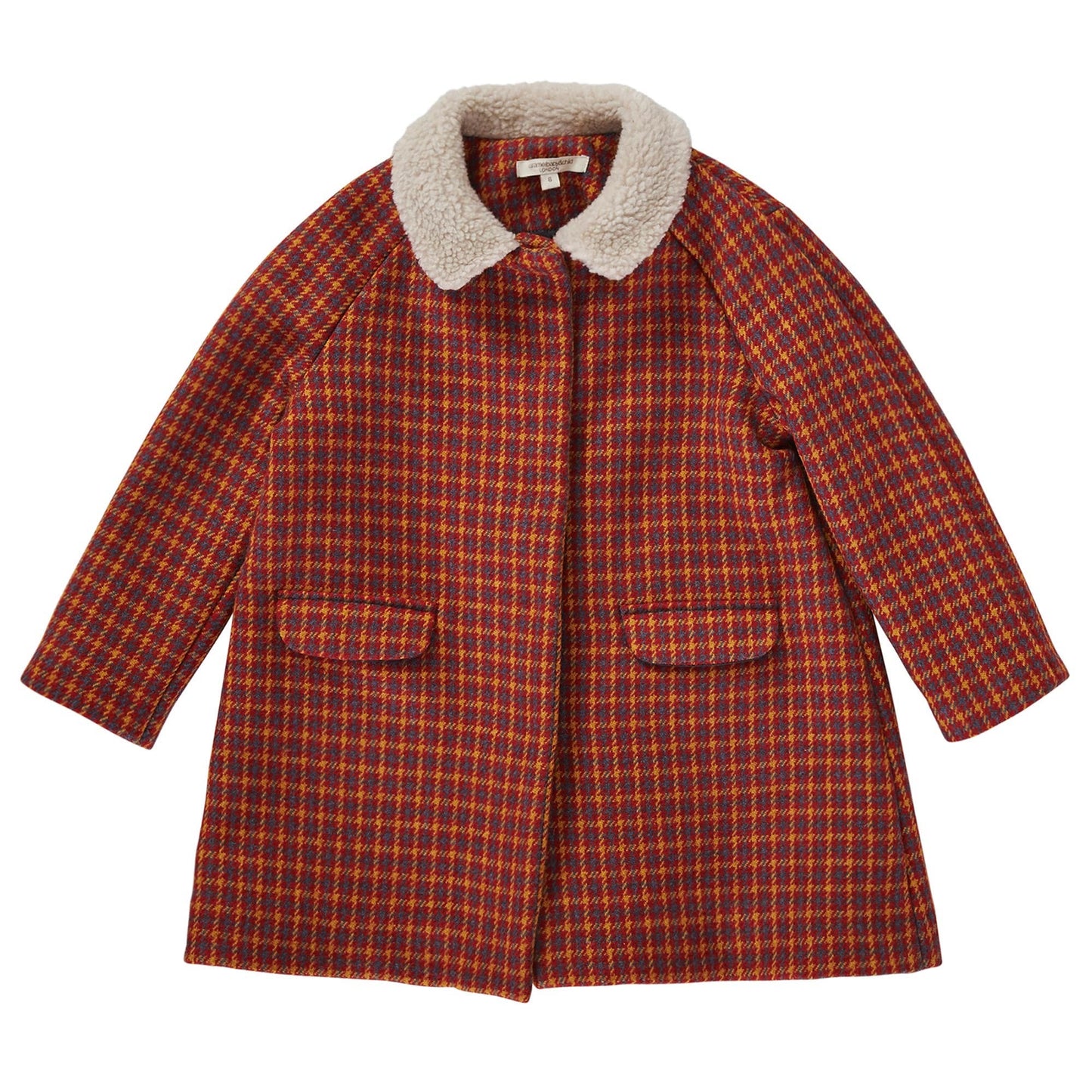 Girls Brown Fur Collar Wool Coat With Patch Pocke