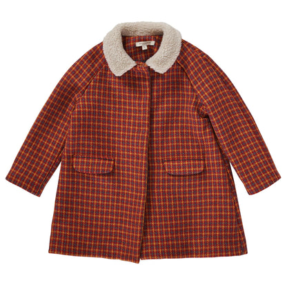 Girls Brown Fur Collar Wool Coat With Patch Pocke
