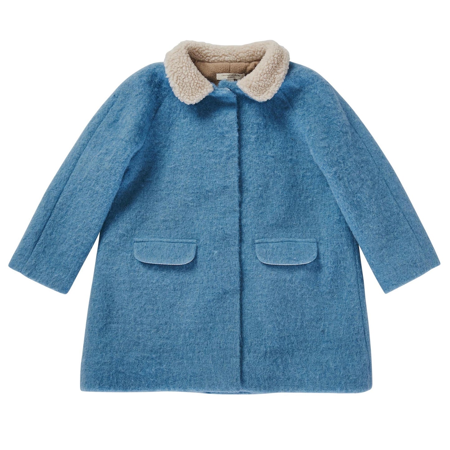 Girls Power Blue Fur Collar Wool Coat With Patch Pocket