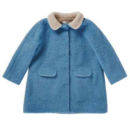 Girls Power Blue Fur Collar Wool Coat With Patch Pocket