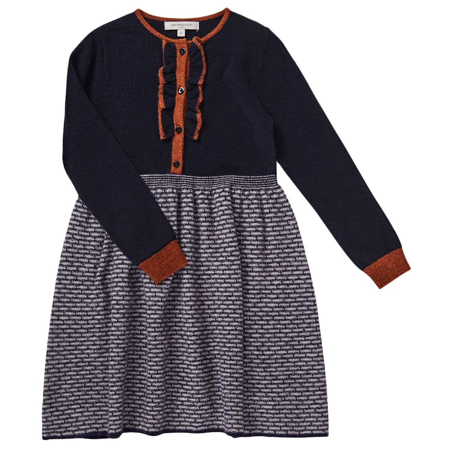 Girls Navy Blue & Grey Knitted Wool Dress