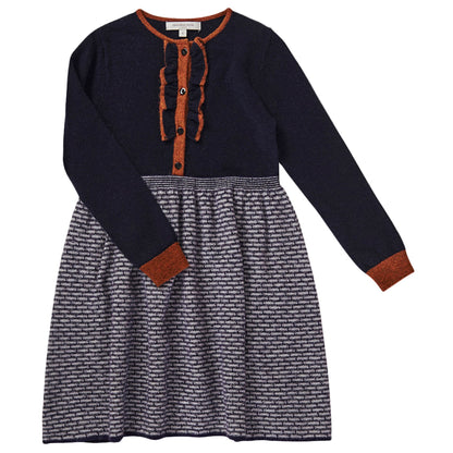 Girls Navy Blue & Grey Knitted Wool Dress