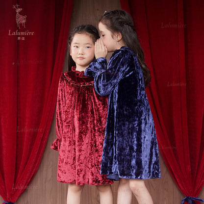 女童红色荷叶领珠绣丝绒礼服裙