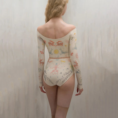女士白色印花"SOLARIS"长袖芭蕾舞连体衣(181LE20VL/edelweiss)