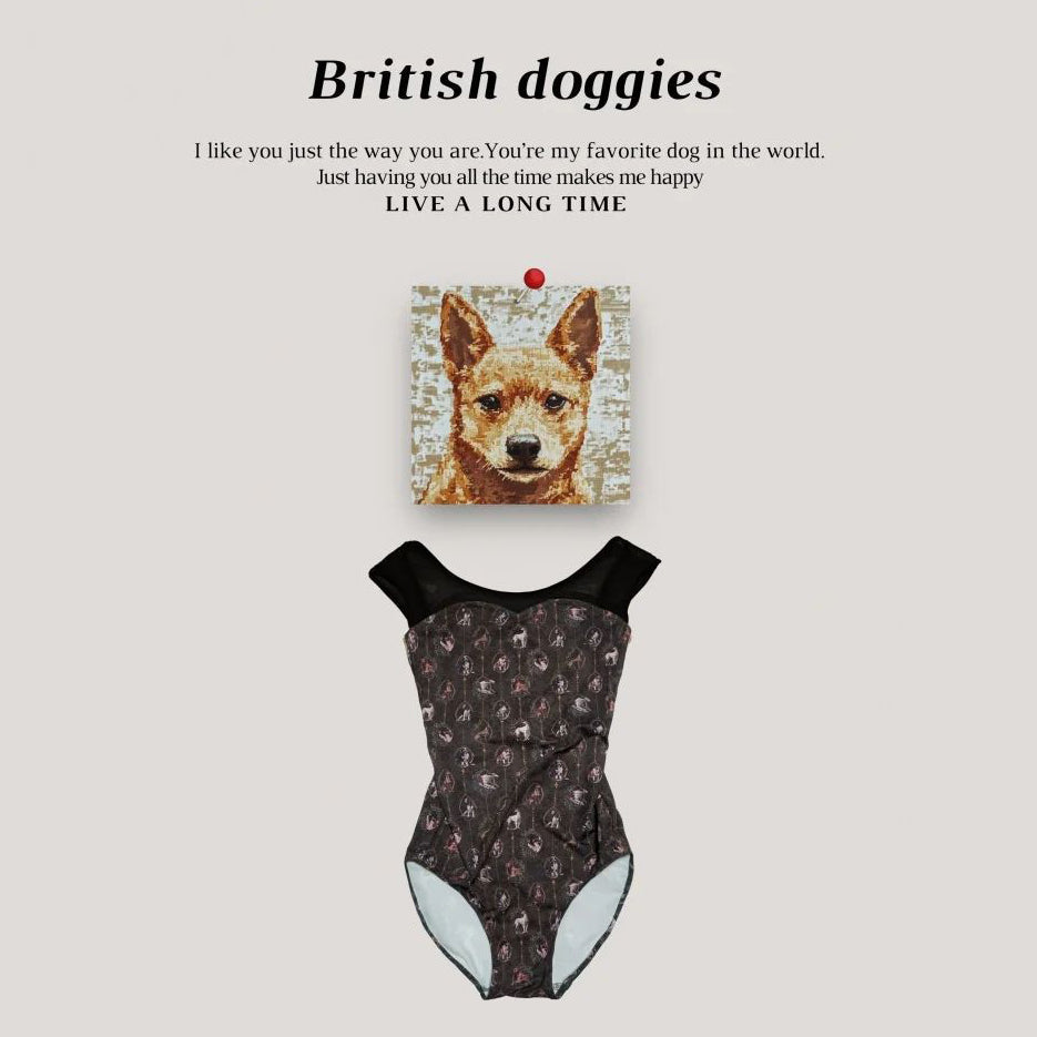 女童棕色"British doggies/Plie/Brown"芭蕾舞高叉连体衣