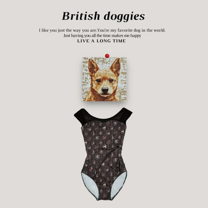 女童棕色"British doggies/Plie/Brown"芭蕾舞高叉连体衣