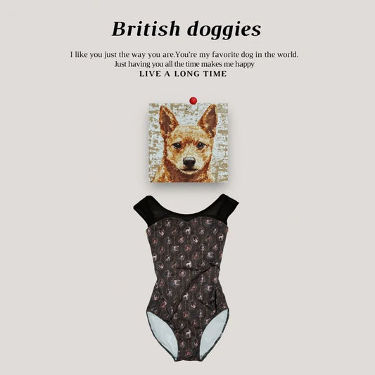 女童棕色"British doggies/Plie/Brown"芭蕾舞高叉连体衣