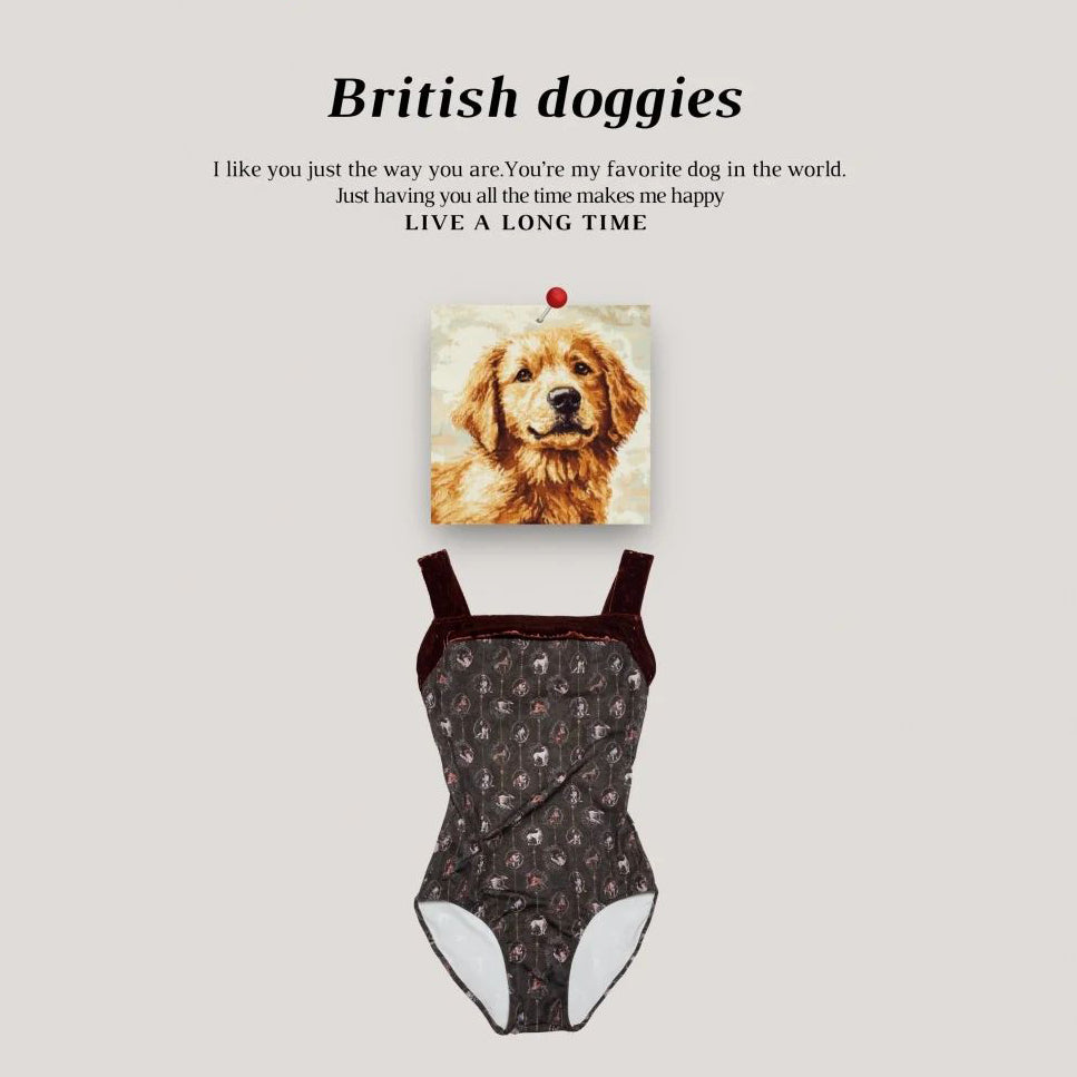 女童深咖色"British doggies/Pique/Coffee"芭蕾舞高叉连体衣