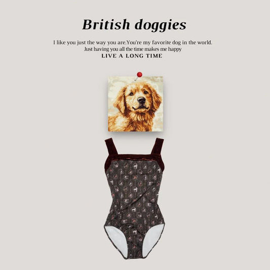 女童深咖色"British doggies/Pique/Coffee"芭蕾舞高叉连体衣