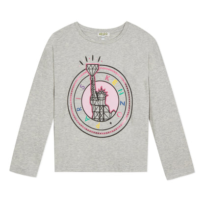 Girls Grey Printing Cotton Long Sleeves T-shirt