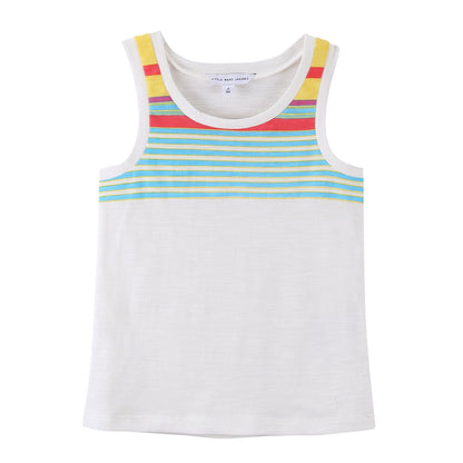 Girls White Cotton Vest With Multicolor Stripe