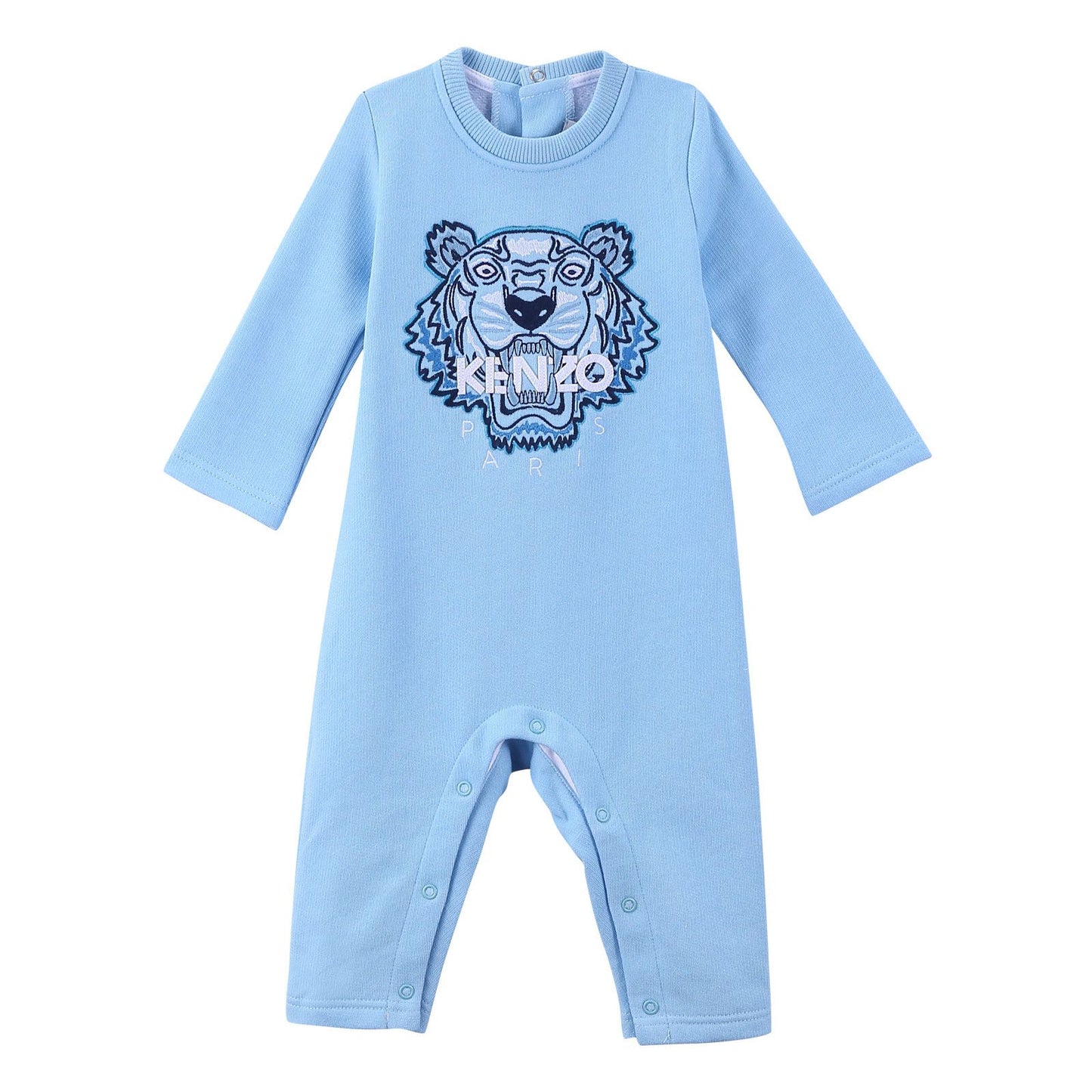Baby Sky Blue Cotton Embroidered Tiger Head Babygrow