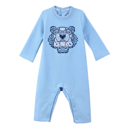 Baby Sky Blue Cotton Embroidered Tiger Head Babygrow
