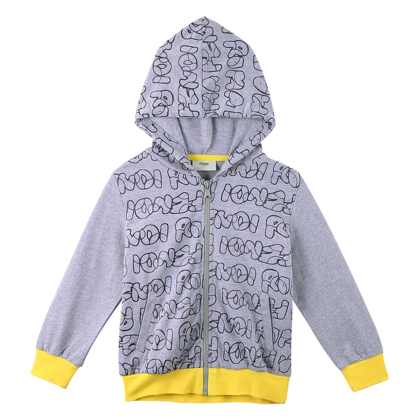 Boys Grey Cotton Printed Trims Zip-up Tops With Yellow Cuffs
