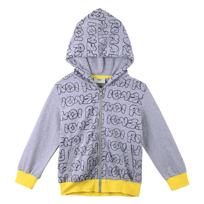 Boys Grey Cotton Printed Trims Zip-up Tops With Yellow Cuffs