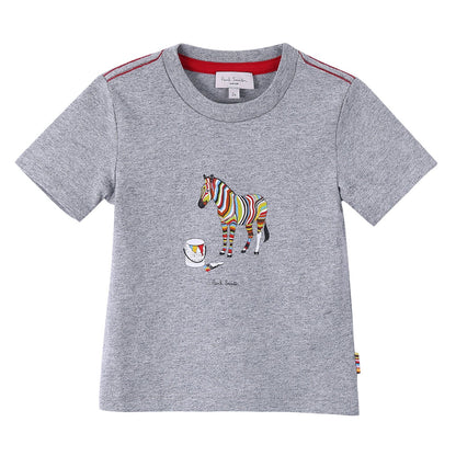 Boys Grey Cotton Colorful Zebra Printed T-Shirt