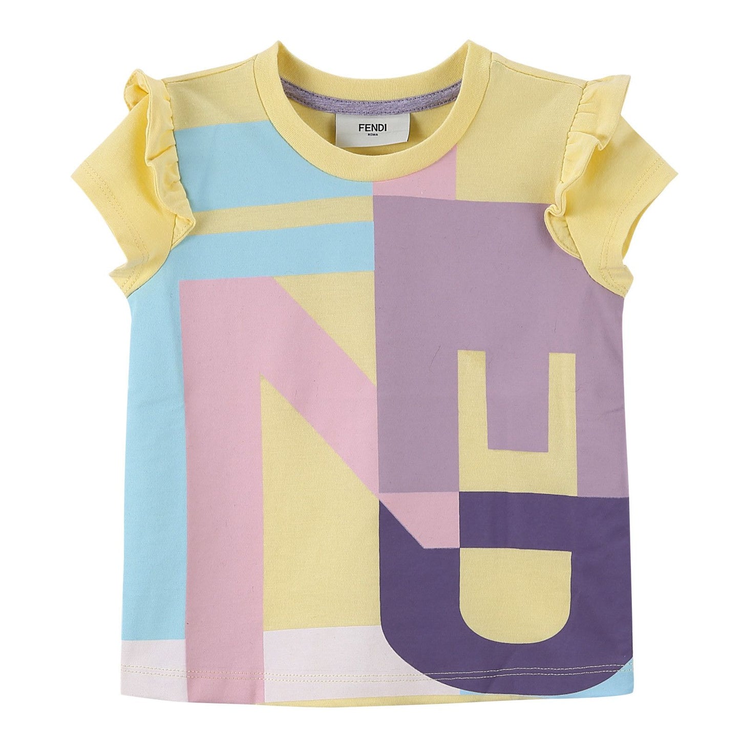Girls Multicolour Cotton T-Shirt With Yellow Frilly Cuffs