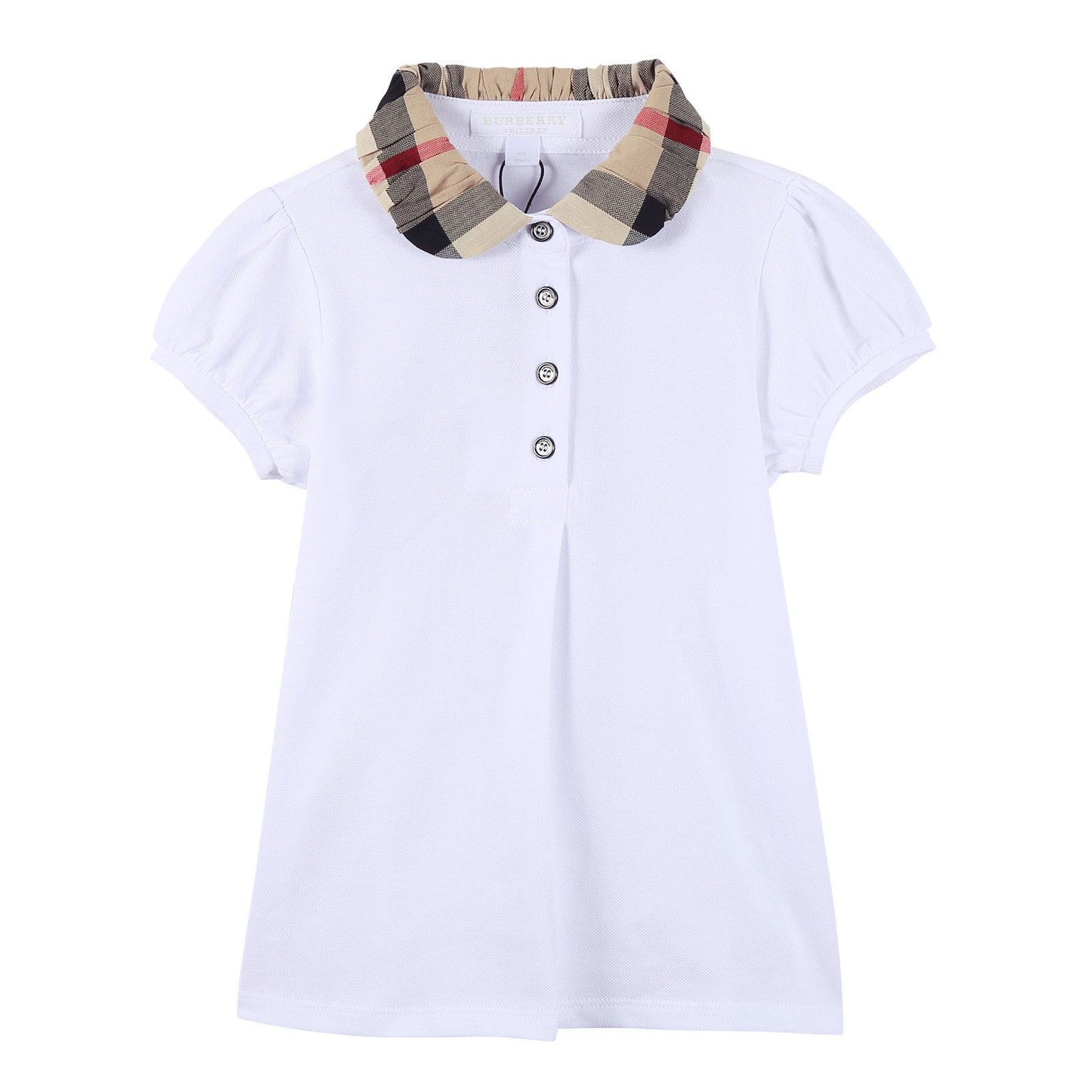 Girls White Cotton T-Shirt With Check Collar