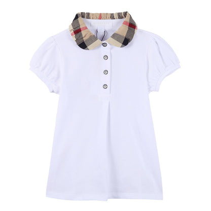Girls White Cotton T-Shirt With Check Collar